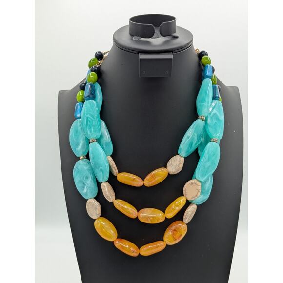 Large Chunky Spring Colors Lucite Three Strand Statement Necklace - Picture 4 of 5